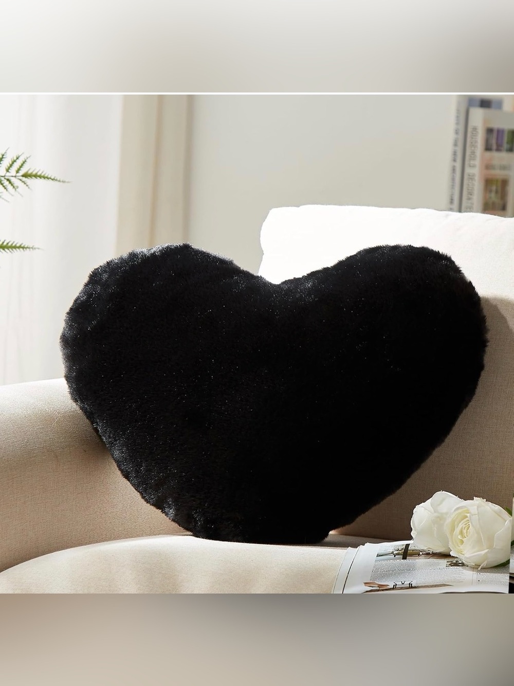 Heart-Shaped Faux Fur Throw Pillow - Black NWT